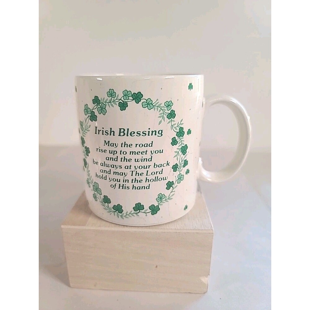 Vtg Russ Berrie Irish Blessing Coffee Mug St Patrick’s Day White Green Shamrocks